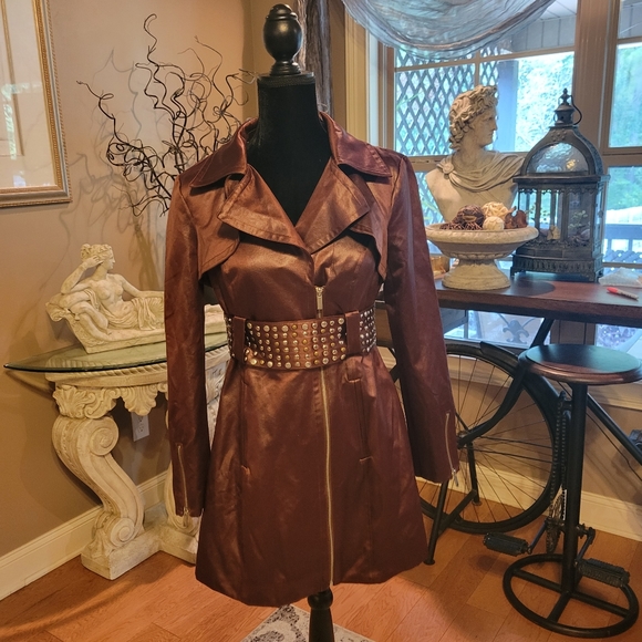 Bebe Studded Trench Coat in Burgundy. Satin Touch Fabric. Fully Lined. Size M. - Picture 7 of 14
